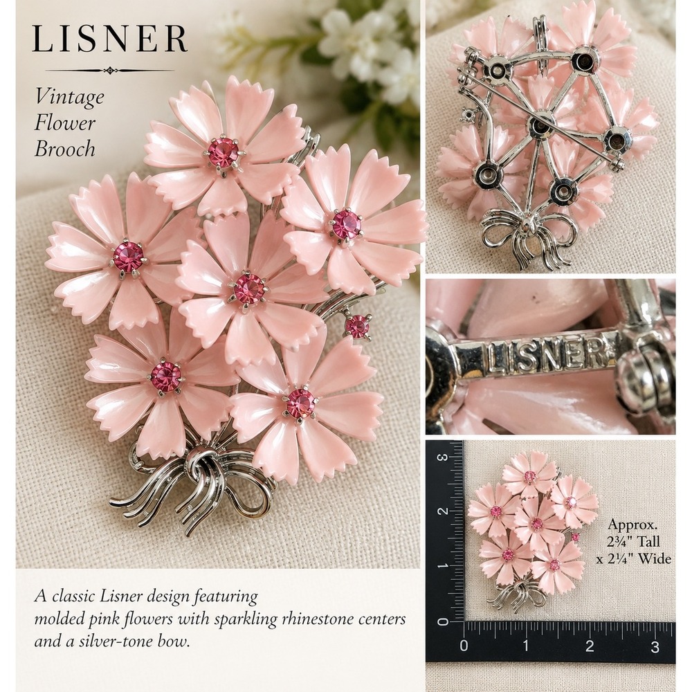 Vintage Lisner Pink Molded Flower Brooch Rhinestone Silver Tone Bow Signed